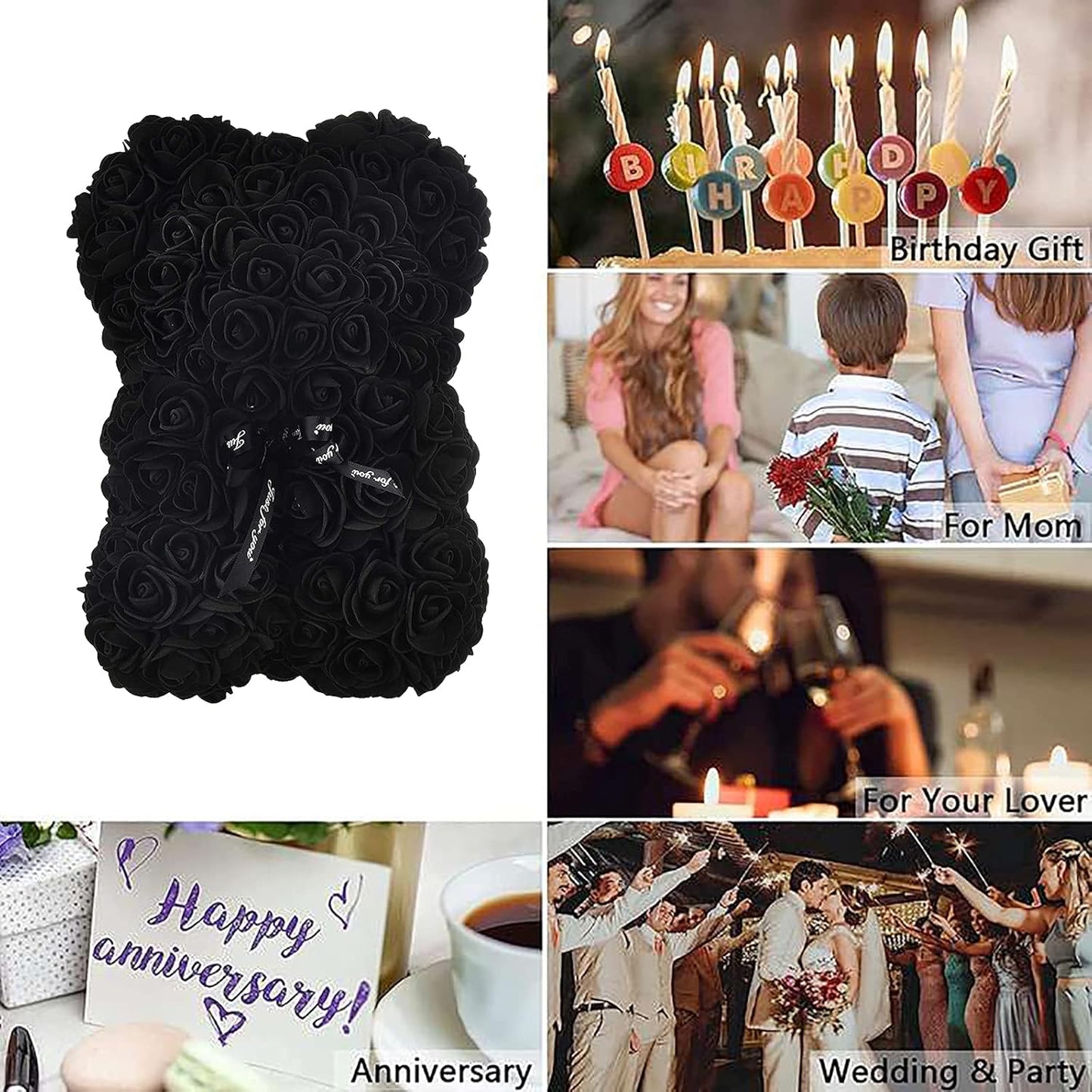 Rose Bear Gifts for Her, Flower Bear Rose Teddy Bear with Box Lights I Love You Necklace 100 Languages Balloon Card, Cute Romantic Anniversary Birthday Gifts & Wedding Decorations (Black)