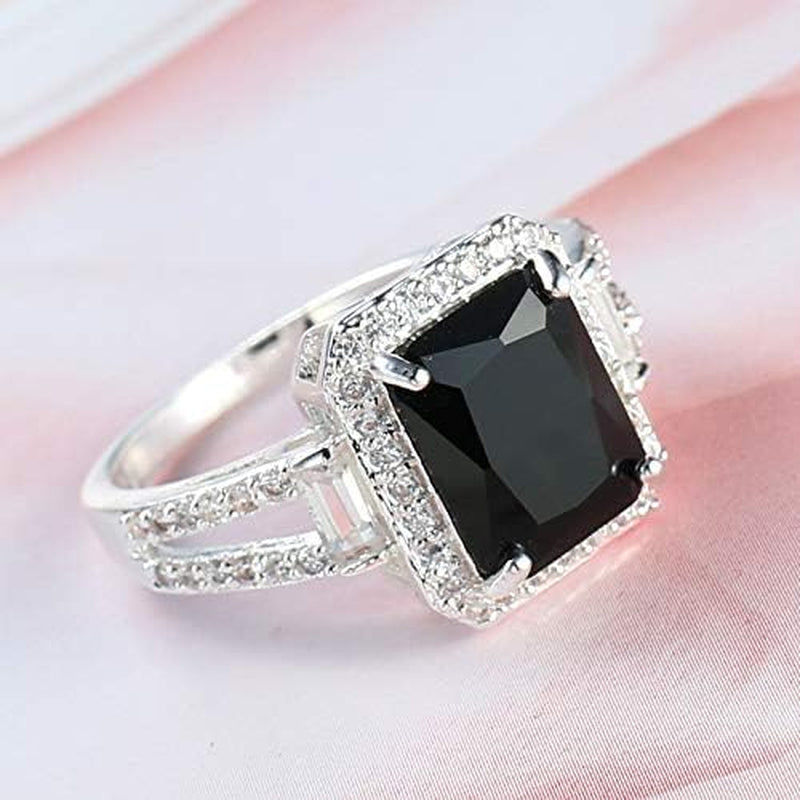 925 Sterling Silver Black Gemstone Creative Couple Fashion Square Cut Black Agate Cubic Zirconia Promise Ring CZ Eternal Engagement Wedding Jewelry-Making-Patterns