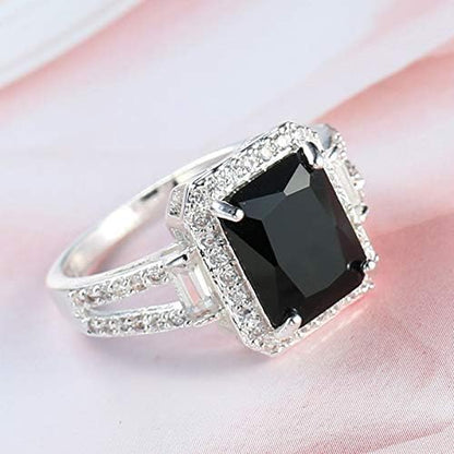 925 Sterling Silver Black Gemstone Creative Couple Fashion Square Cut Black Agate Cubic Zirconia Promise Ring CZ Eternal Engagement Wedding Jewelry-Making-Patterns