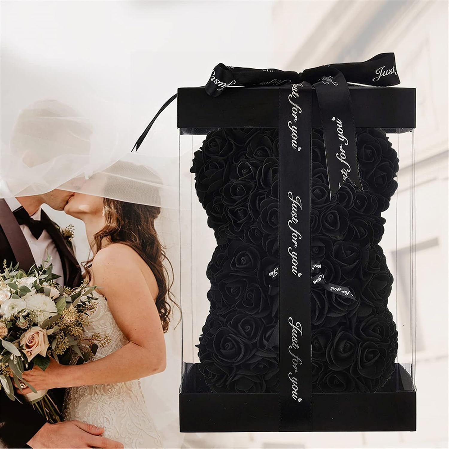 Rose Bear Gifts for Her, Flower Bear Rose Teddy Bear with Box Lights I Love You Necklace 100 Languages Balloon Card, Cute Romantic Anniversary Birthday Gifts & Wedding Decorations (Black)