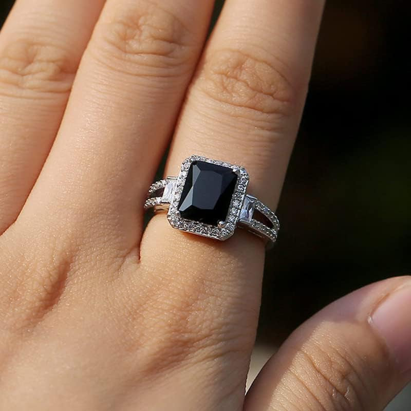 925 Sterling Silver Black Gemstone Creative Couple Fashion Square Cut Black Agate Cubic Zirconia Promise Ring CZ Eternal Engagement Wedding Jewelry-Making-Patterns
