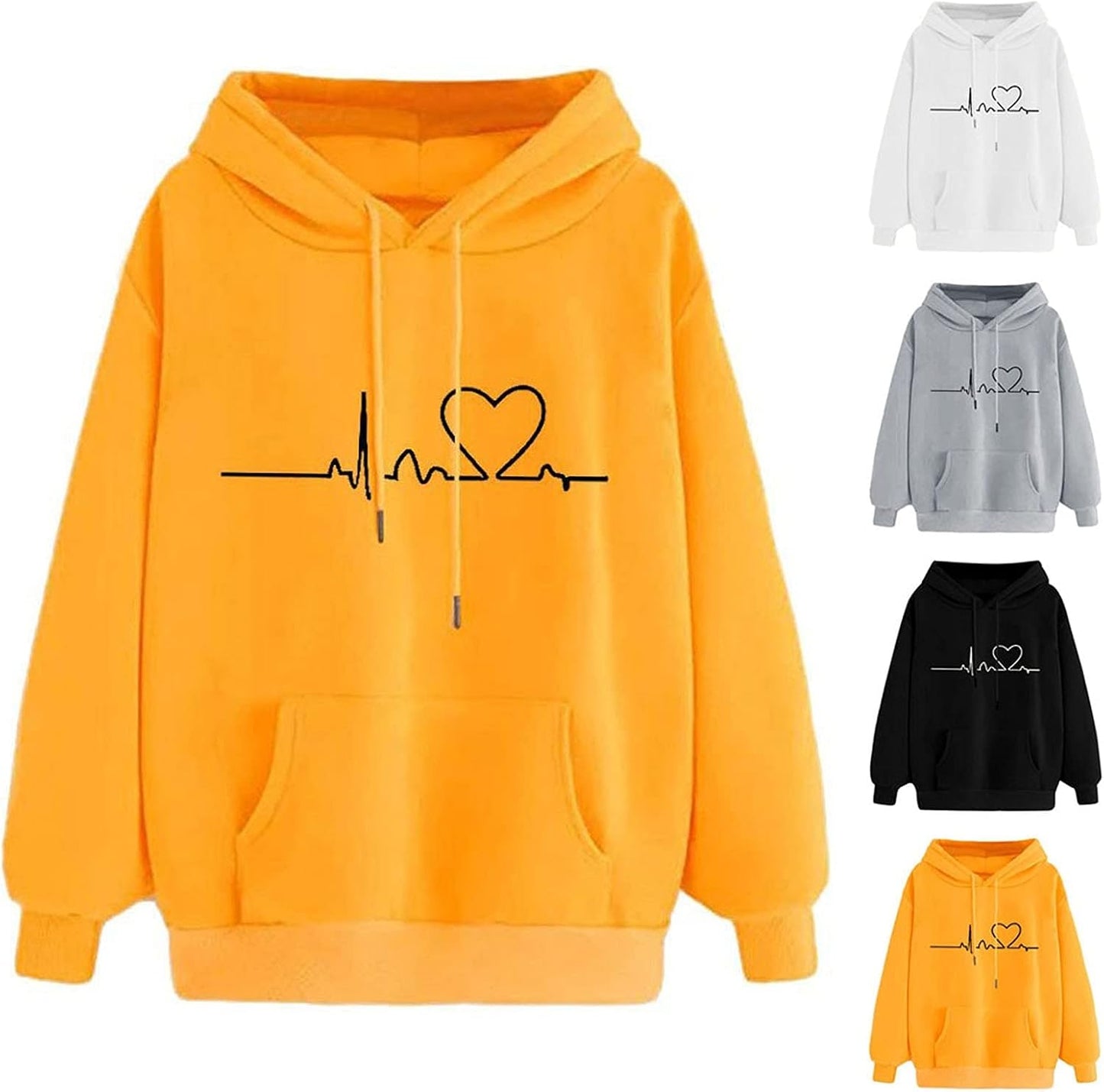 Cute Hoodies Tops for Teen Girls, Trendy Heart Print Long Sleeve Sweatshirts Women Casual Loose Fit Pocket Pullover