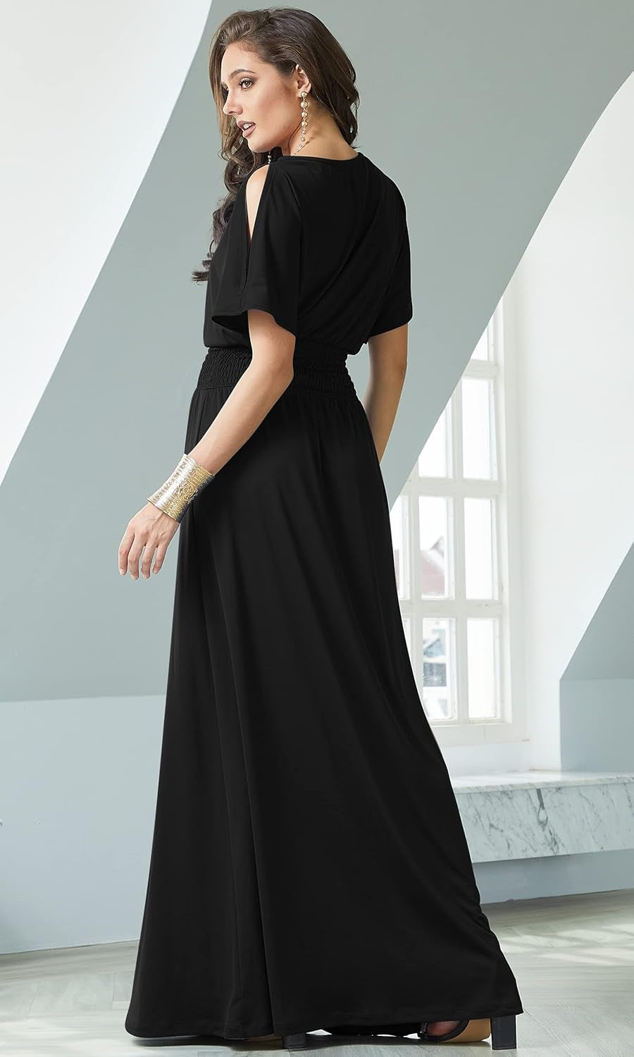 Womens Split Sleeves Smocked Elegant Cocktail Long Maxi Dress