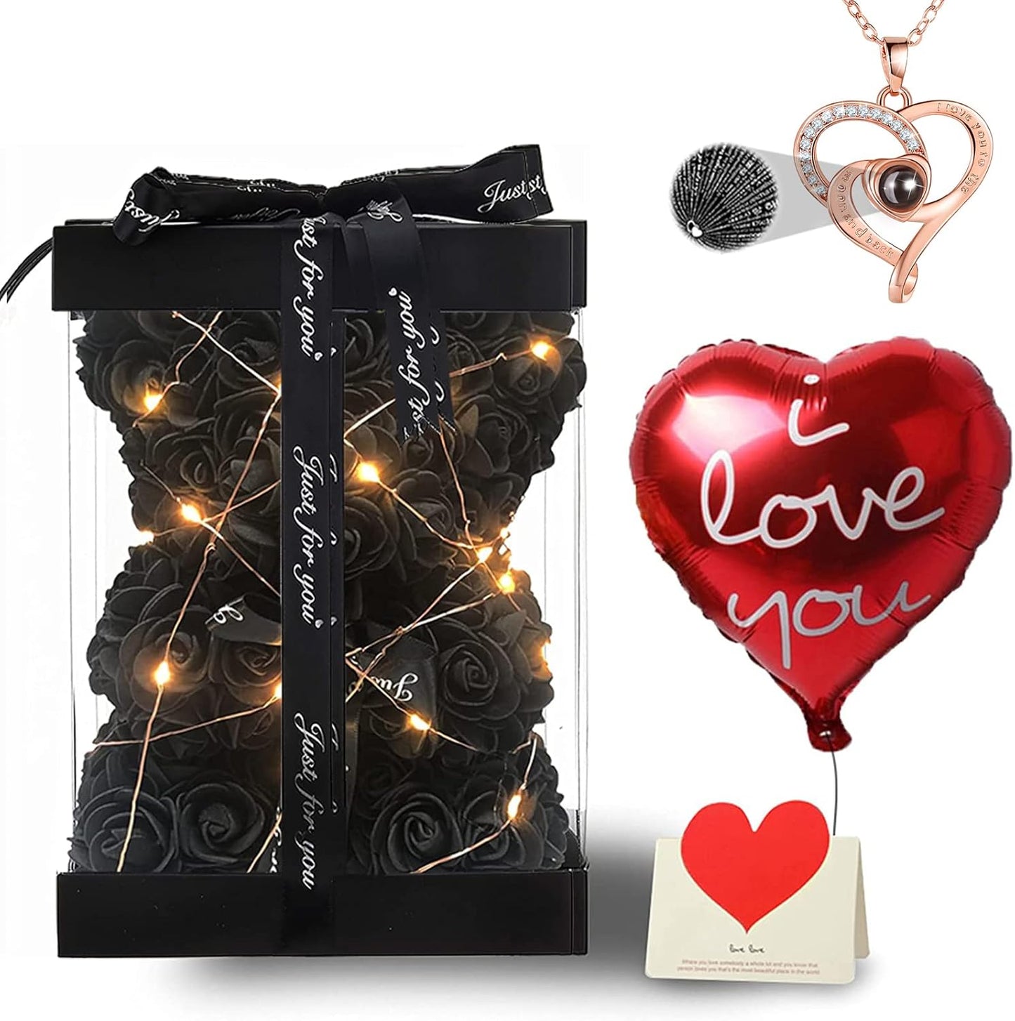 Rose Bear Gifts for Her, Flower Bear Rose Teddy Bear with Box Lights I Love You Necklace 100 Languages Balloon Card, Cute Romantic Anniversary Birthday Gifts & Wedding Decorations (Black)