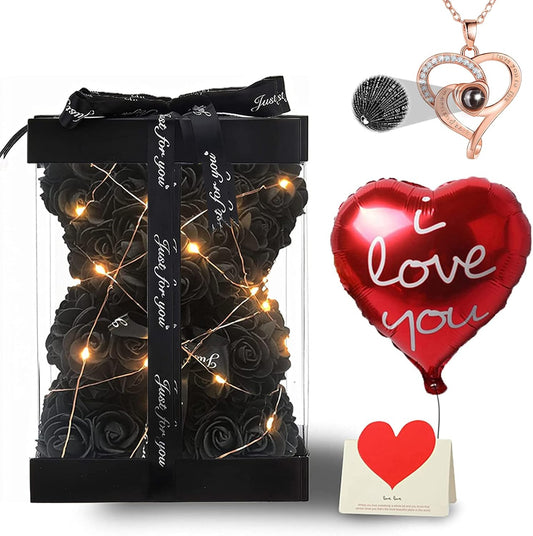 Rose Bear Gifts for Her, Flower Bear Rose Teddy Bear with Box Lights I Love You Necklace 100 Languages Balloon Card, Cute Romantic Anniversary Birthday Gifts & Wedding Decorations (Black)