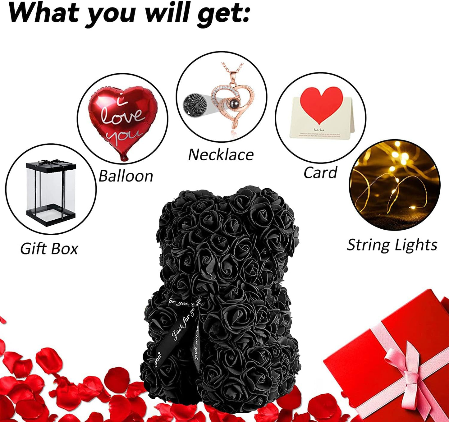 Rose Bear Gifts for Her, Flower Bear Rose Teddy Bear with Box Lights I Love You Necklace 100 Languages Balloon Card, Cute Romantic Anniversary Birthday Gifts & Wedding Decorations (Black)