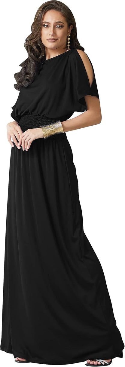 Womens Split Sleeves Smocked Elegant Cocktail Long Maxi Dress