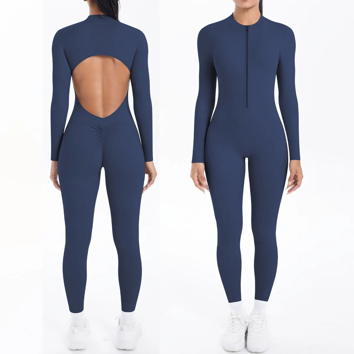 Solid Color Bodysuits for Woman'S Backless Long Sleeved Zipper Yoga Jumpsuits High Dtrength Workout Sports Fitness Clothing Set