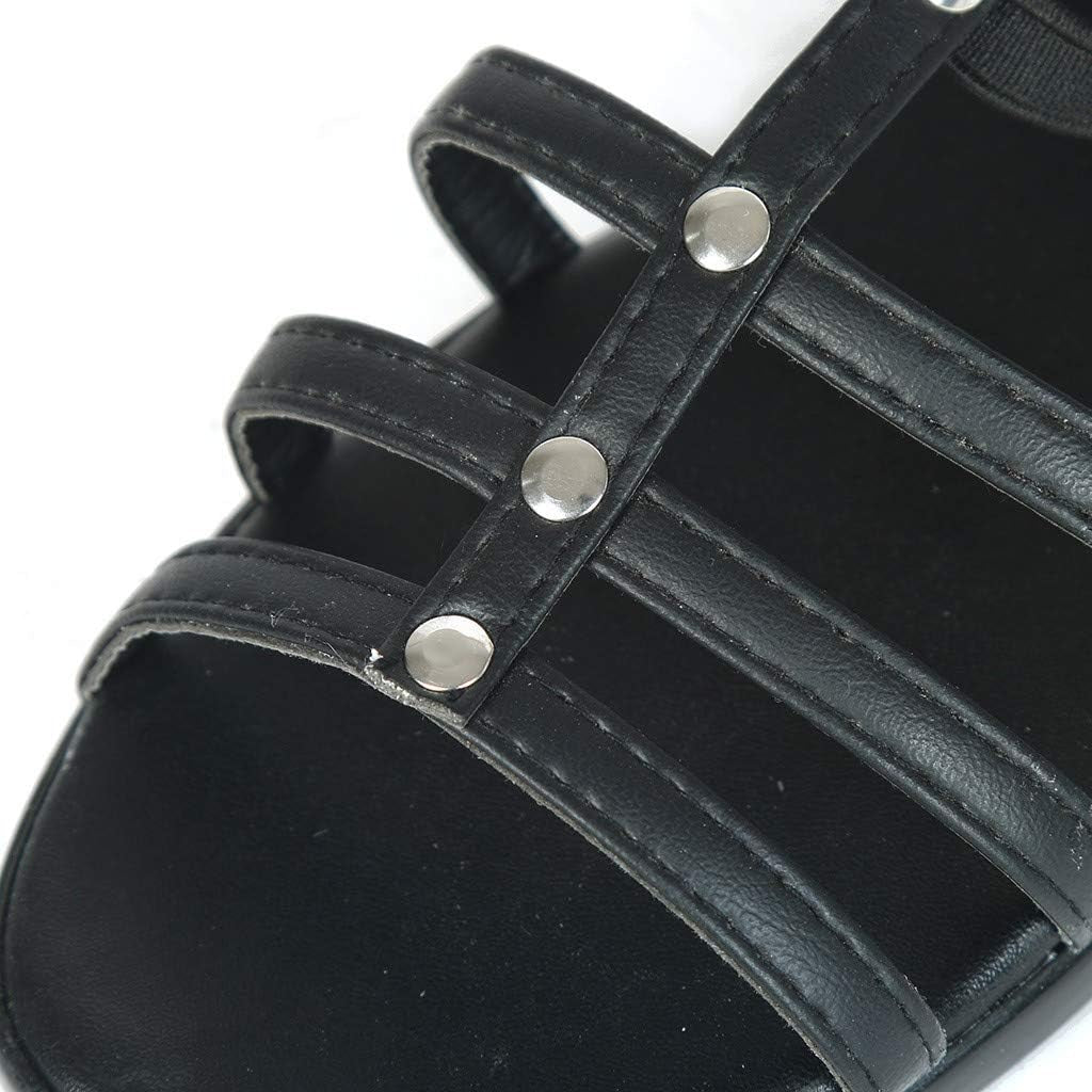 JJLIKER Fashion Womens Cut Out Gladiator Sandals Flat Wide Knee High Boots with Zipper Strappy Shoes Black