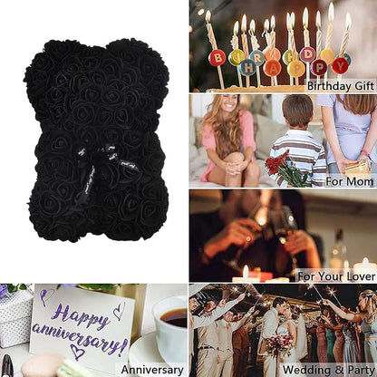 Rose Bear Gifts for Her, Flower Bear Rose Teddy Bear with Box Lights I Love You Necklace 100 Languages Balloon Card, Cute Romantic Anniversary Birthday Gifts & Wedding Decorations (Black)