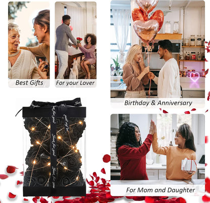 Rose Bear Gifts for Her, Flower Bear Rose Teddy Bear with Box Lights I Love You Necklace 100 Languages Balloon Card, Cute Romantic Anniversary Birthday Gifts & Wedding Decorations (Black)