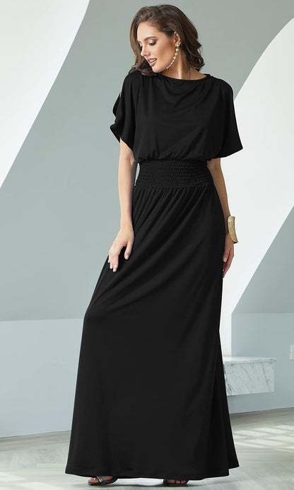 Womens Split Sleeves Smocked Elegant Cocktail Long Maxi Dress