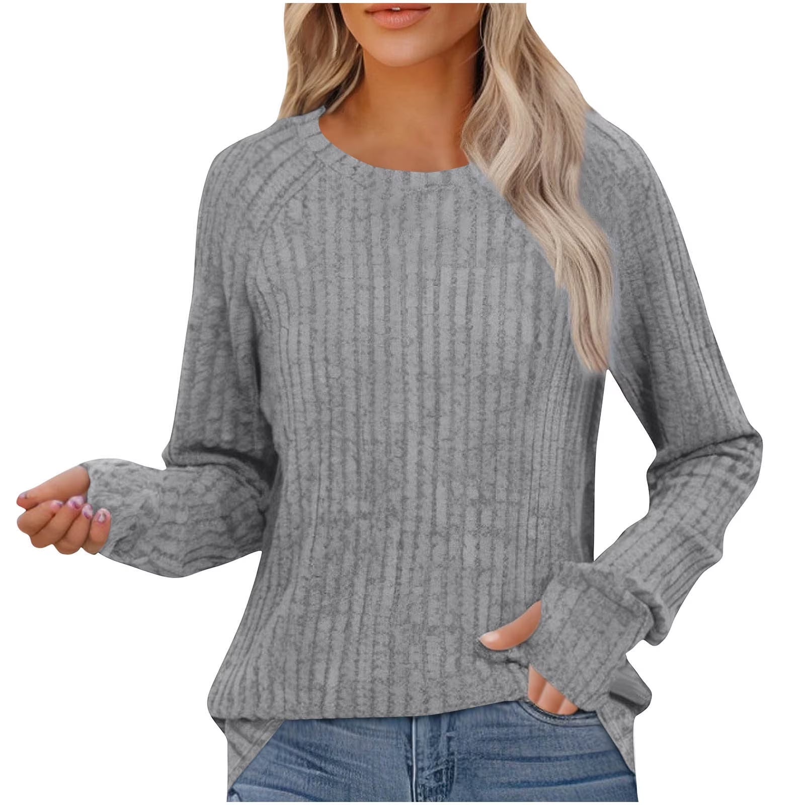 Sweaters for Women Casual round Neck Solid Color Long Sleeve Knitted Pullover Tops