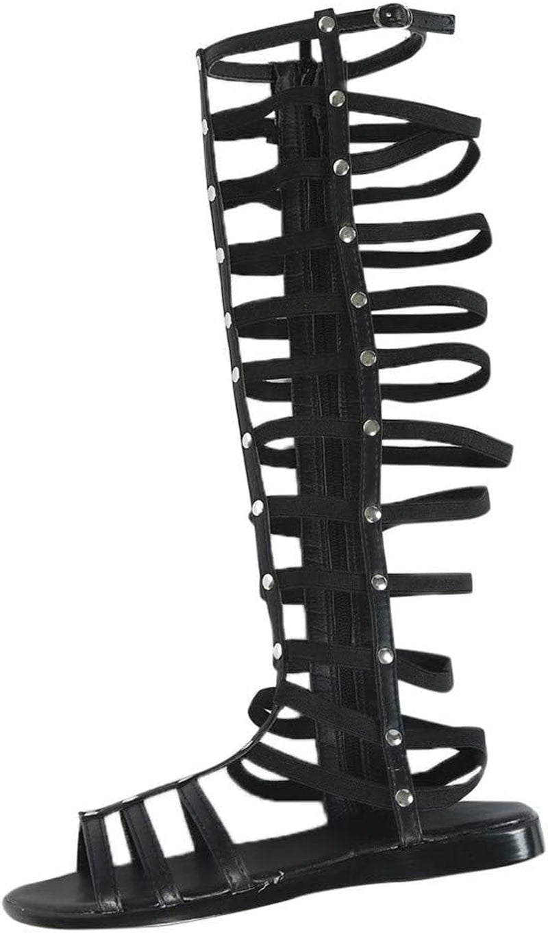 JJLIKER Fashion Womens Cut Out Gladiator Sandals Flat Wide Knee High Boots with Zipper Strappy Shoes Black