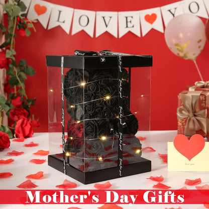 Rose Bear Gifts for Her, Flower Bear Rose Teddy Bear with Box Lights I Love You Necklace 100 Languages Balloon Card, Cute Romantic Anniversary Birthday Gifts & Wedding Decorations (Black)