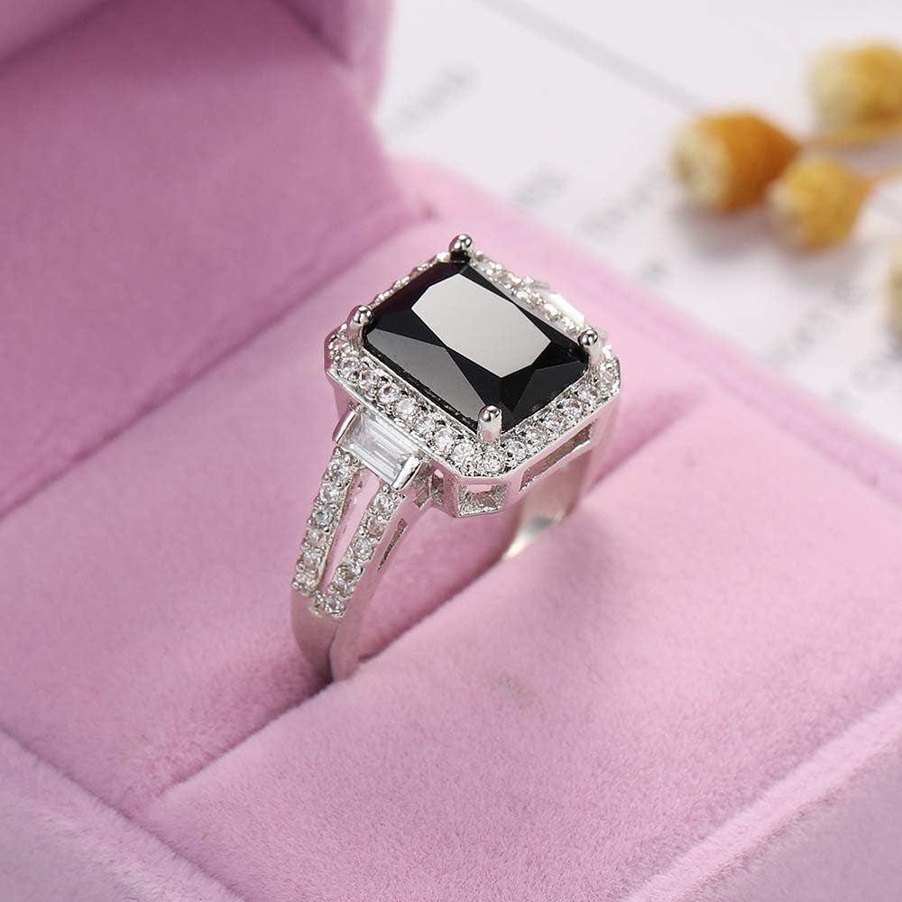 925 Sterling Silver Black Gemstone Creative Couple Fashion Square Cut Black Agate Cubic Zirconia Promise Ring CZ Eternal Engagement Wedding Jewelry-Making-Patterns