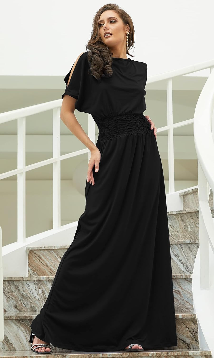 Womens Split Sleeves Smocked Elegant Cocktail Long Maxi Dress