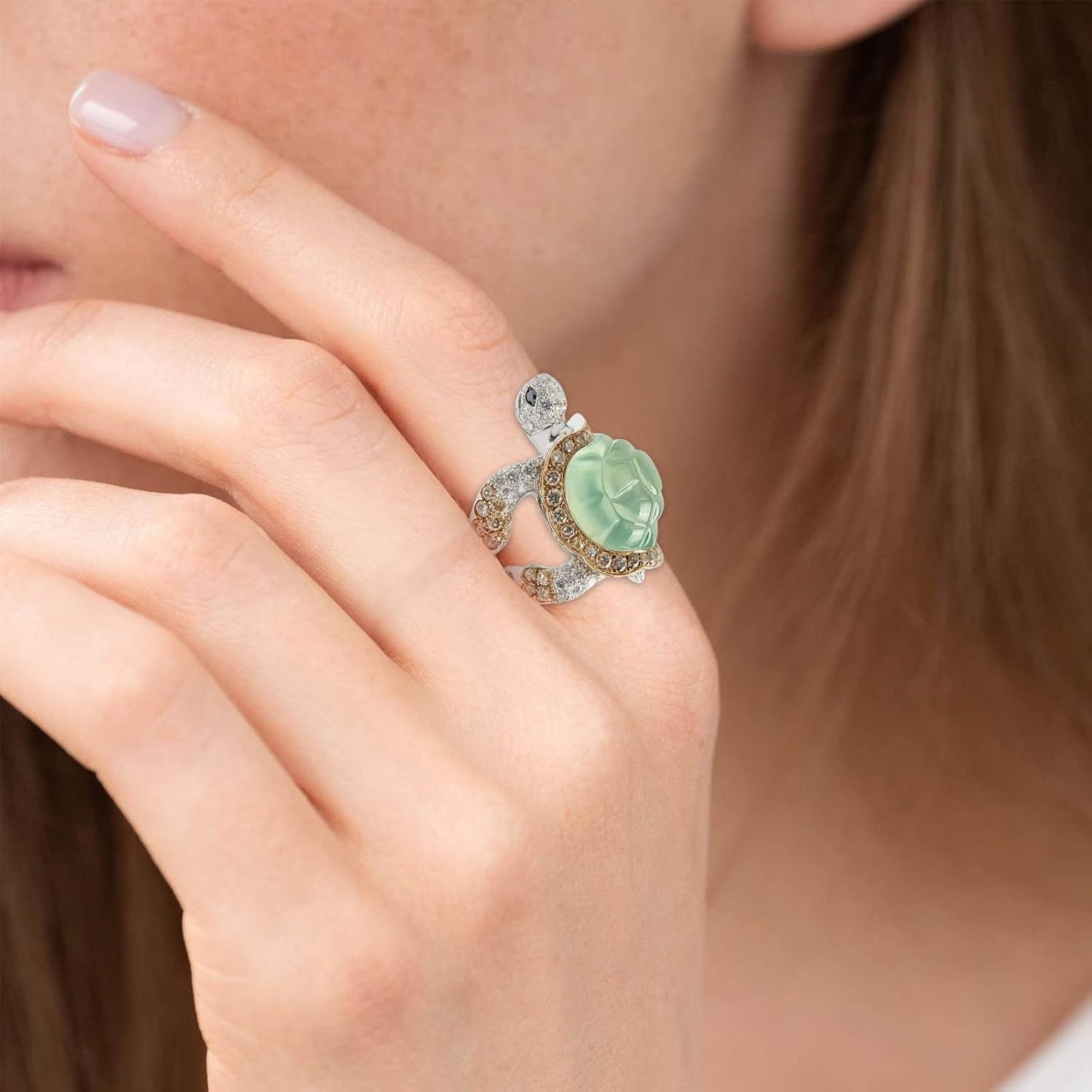925 Sterling Silver Shiny Natural Ice Jade Cute Little Turtle Innovative Design Beach Wave Vacation Wave Ocean Lover Ring Women'S Precious Ring Jewelry-Making-Patterns