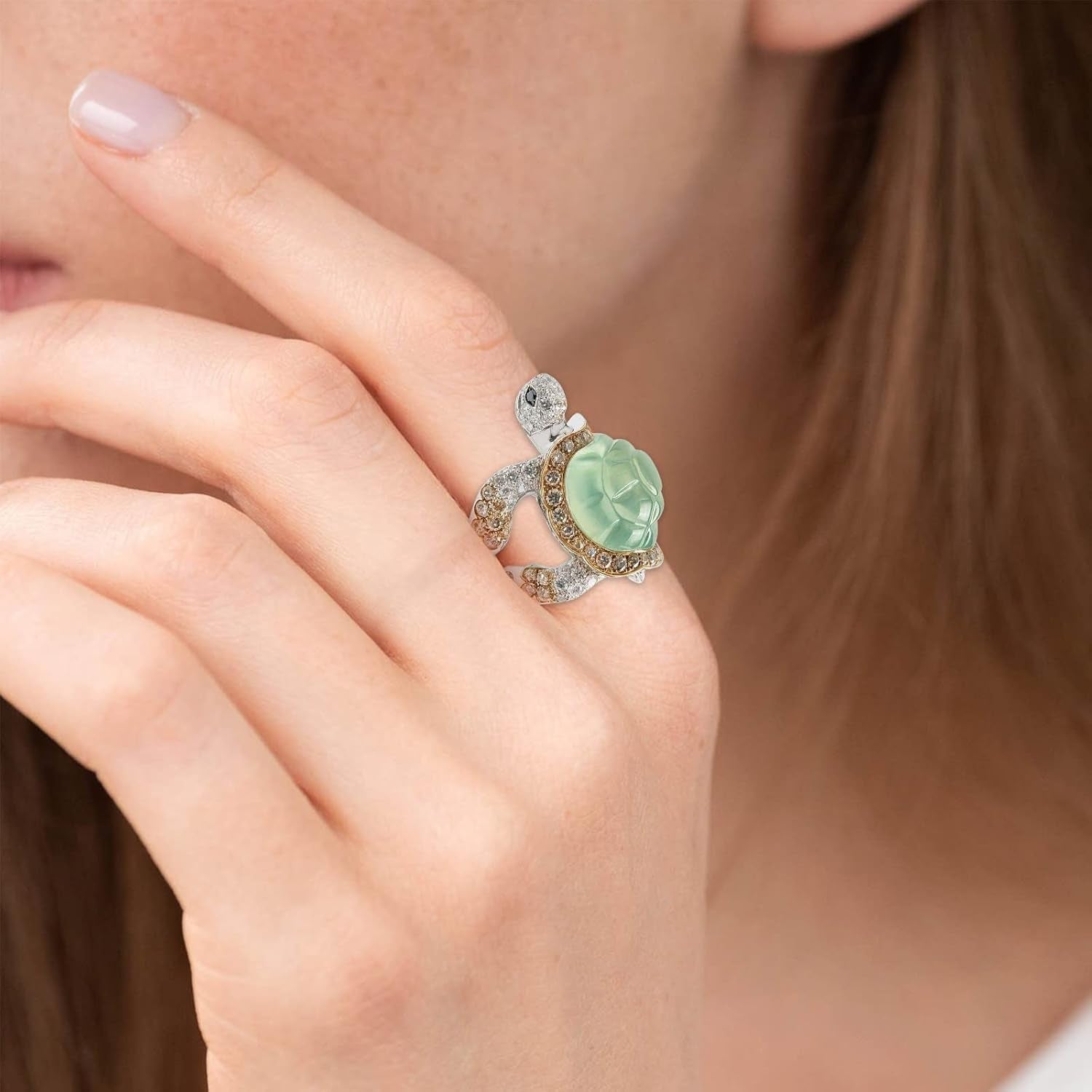 925 Sterling Silver Shiny Natural Ice Jade Cute Little Turtle Innovative Design Beach Wave Vacation Wave Ocean Lover Ring Women'S Precious Ring Jewelry-Making-Patterns