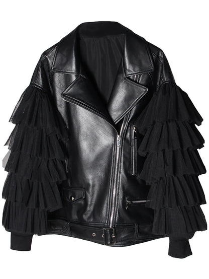 Autumn Short Black Oversized Lace Patchwork Leather Biker Jacket Long Sleeve Loose Womans Clothing Fashionable Outerwear