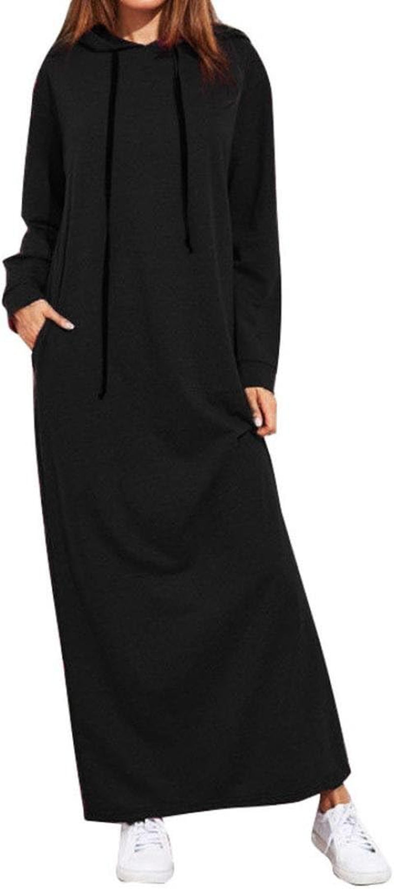 Limsea Women Pullover Dress Long Sleeve Sweatshirt Drawstring Hoodie Maxi Ankle-Length Flowy Cocktail Solid Color Black