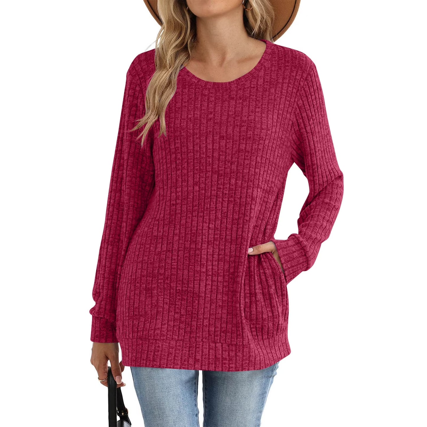 Women Long Sleeve Shirts Loose Fit Crew Neck Tunic Tops Dressy Casual Fall Blouse Winter Sweaters with Pockets Orders Placed by Me
