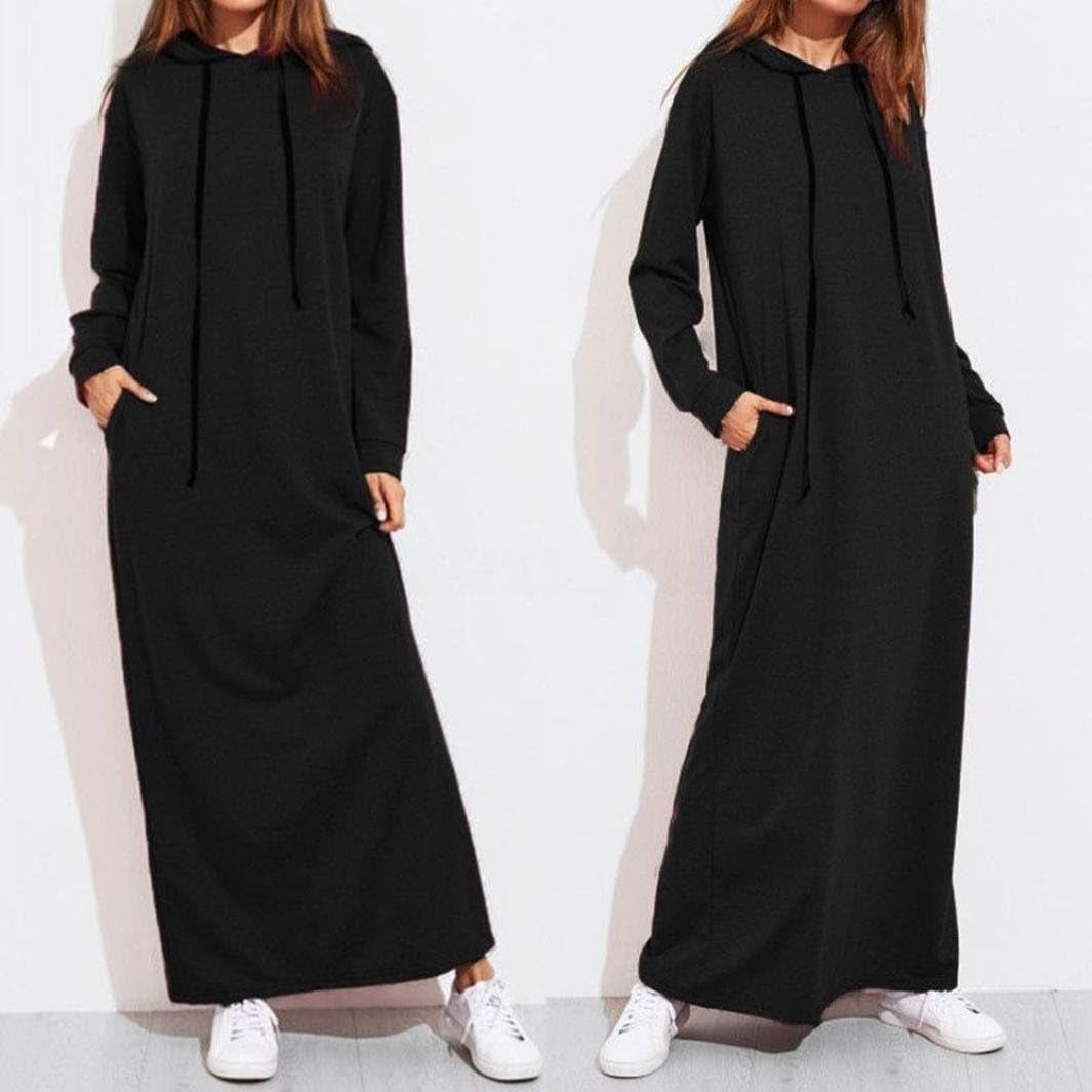 Limsea Women Pullover Dress Long Sleeve Sweatshirt Drawstring Hoodie Maxi Ankle-Length Flowy Cocktail Solid Color Black