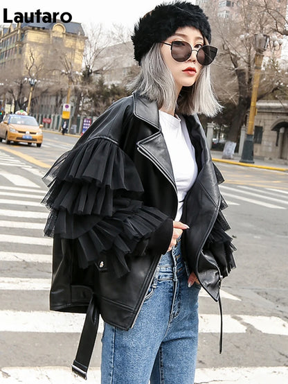 Autumn Short Black Oversized Lace Patchwork Leather Biker Jacket Long Sleeve Loose Womans Clothing Fashionable Outerwear