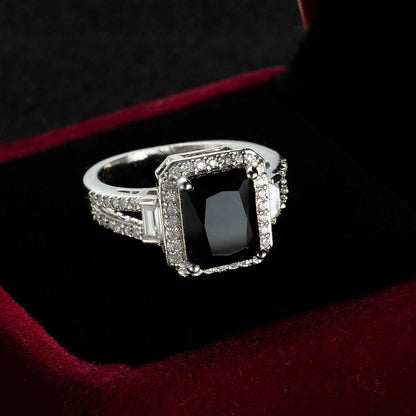 925 Sterling Silver Black Gemstone Creative Couple Fashion Square Cut Black Agate Cubic Zirconia Promise Ring CZ Eternal Engagement Wedding Jewelry-Making-Patterns