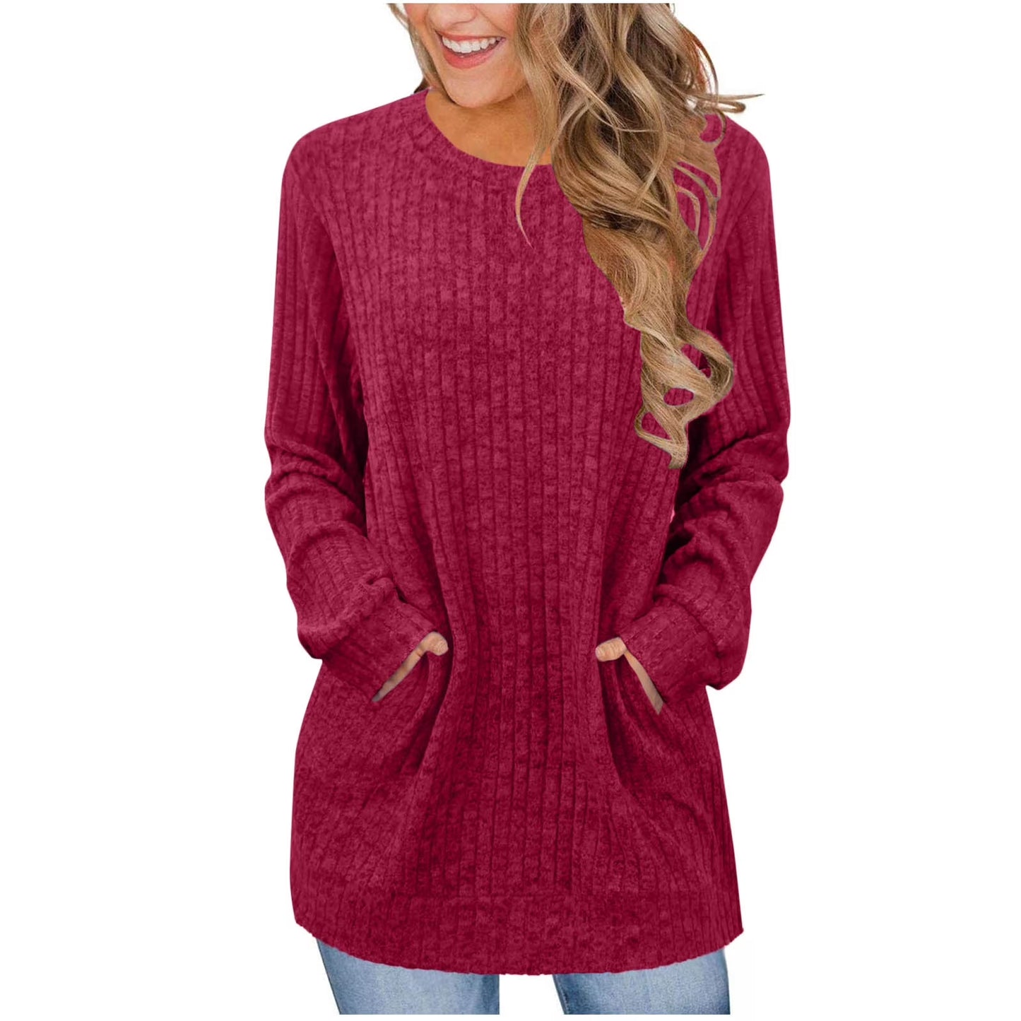 Women Long Sleeve Shirts Loose Fit Crew Neck Tunic Tops Dressy Casual Fall Blouse Winter Sweaters with Pockets Orders Placed by Me