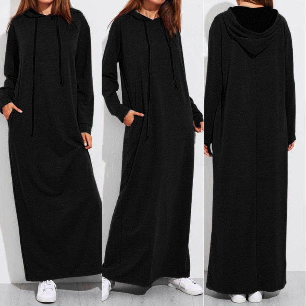 Limsea Women Pullover Dress Long Sleeve Sweatshirt Drawstring Hoodie Maxi Ankle-Length Flowy Cocktail Solid Color Black