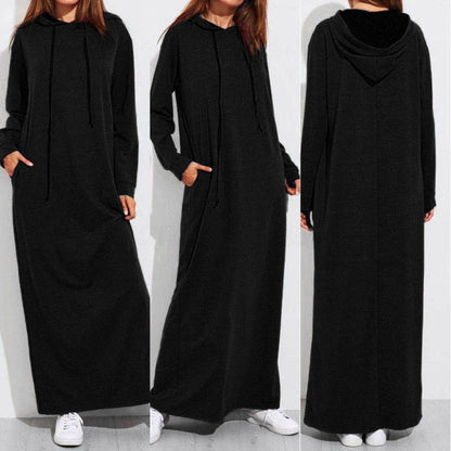 Limsea Women Pullover Dress Long Sleeve Sweatshirt Drawstring Hoodie Maxi Ankle-Length Flowy Cocktail Solid Color Black