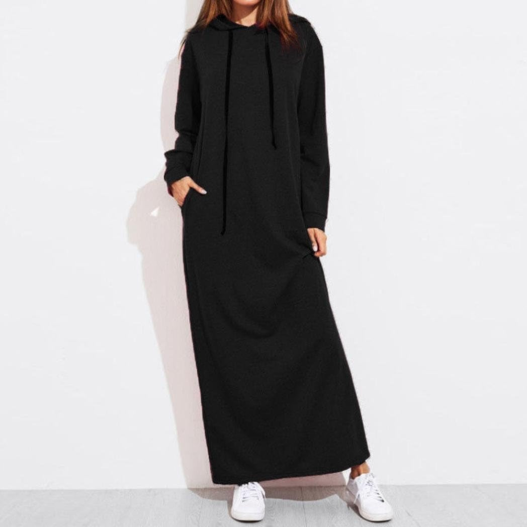 Limsea Women Pullover Dress Long Sleeve Sweatshirt Drawstring Hoodie Maxi Ankle-Length Flowy Cocktail Solid Color Black